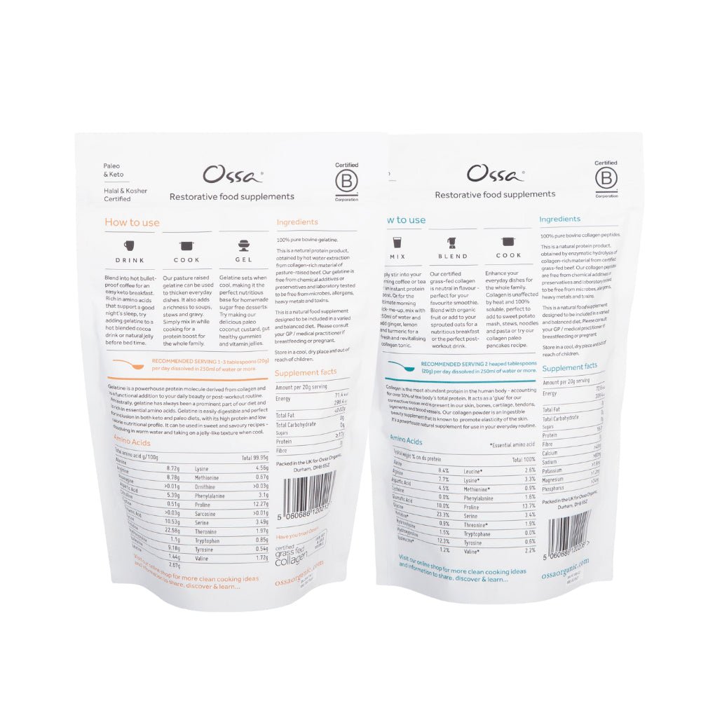 Ossa Certified Grass Fed Collagen Peptides and Ossa Pasture Raised Gelatine